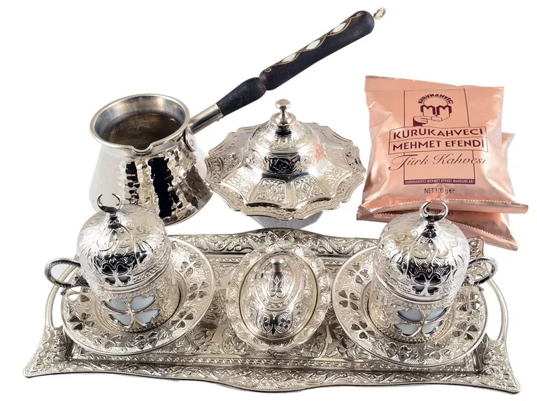 Turkish Greek Arabic Coffee Set with Cups Saucers Copper Pot Sugar Bowl and Coffee (turkish mạ bạc)-1963