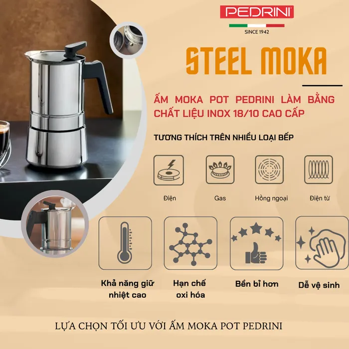 moka pot Pedrini inox bếp từ